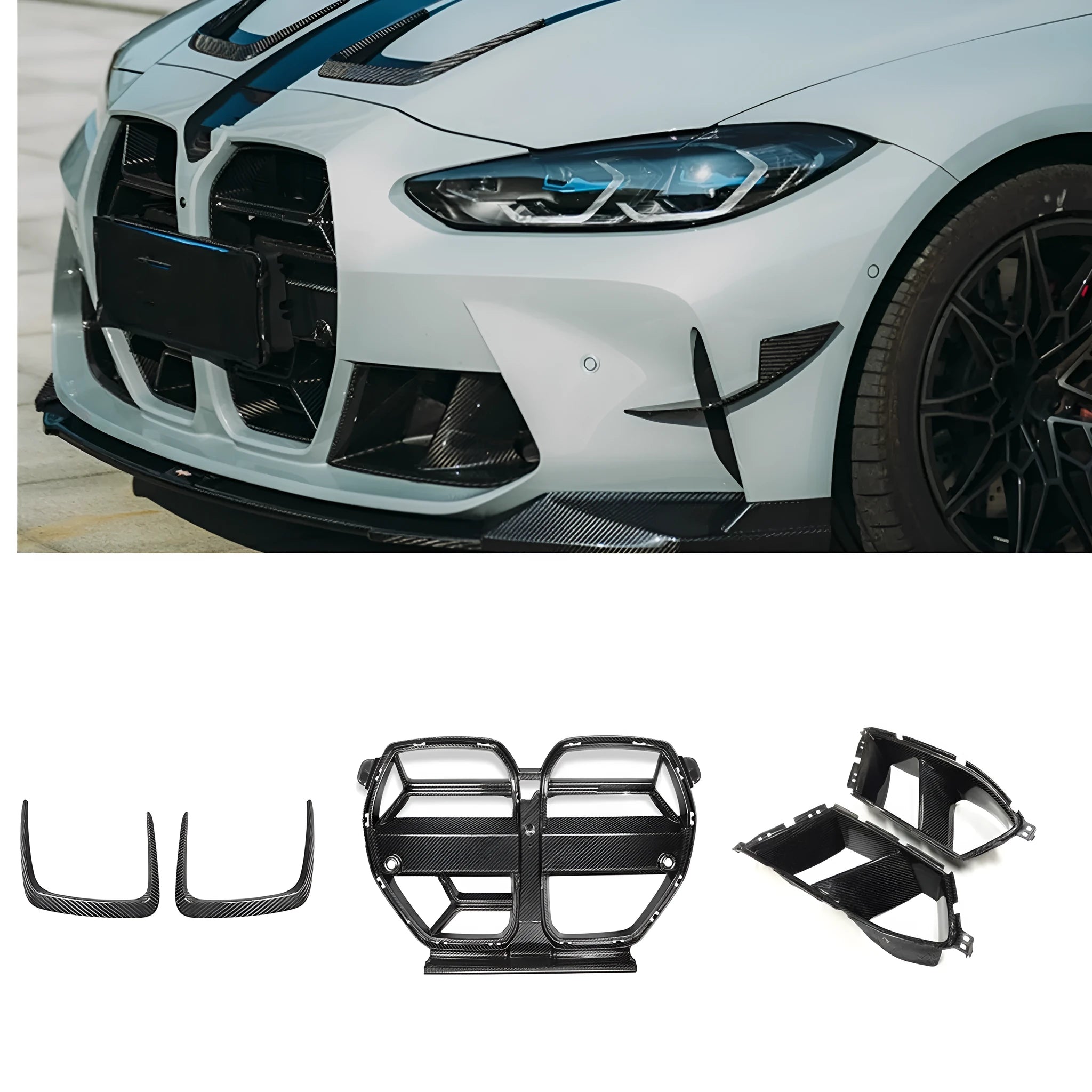 Dry carbon fibre front bumper grille for BMW M3 M4 G80 G82 models with 3K weave pattern