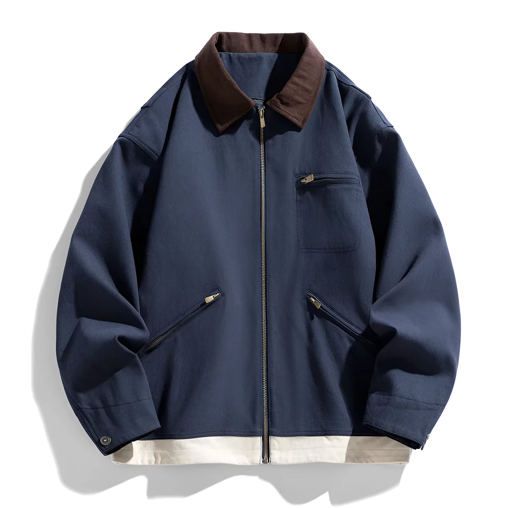 Korean style loose men's jacket with contrast lapels and side pockets in olive green.