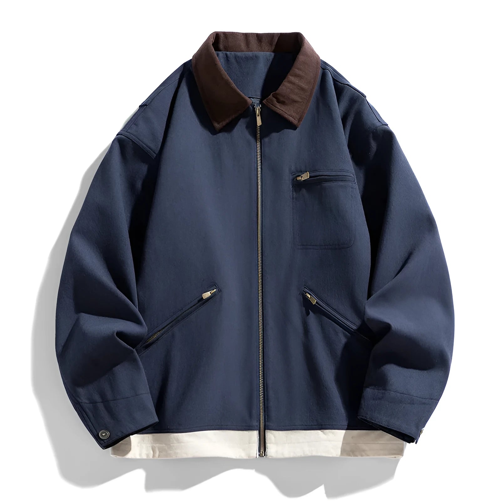 Korean style loose men's jacket with contrast lapels and side pockets in olive green.