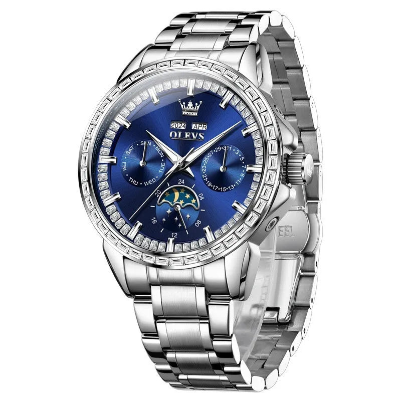 Men's diamond-embedded automatic mechanical watch with stainless steel strap and transparent case back