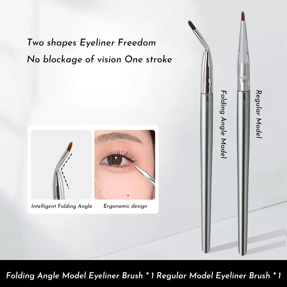 Close-up of a bent head eyeliner brush with a 45-degree angle and flat synthetic bristles for detail makeup.