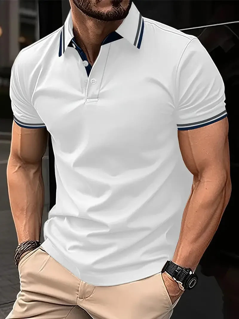 Men's slim-fit ribbed striped lapel button T-shirt top in thin polyester, summer casual style, sizes S-5XL.