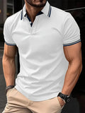Men's slim-fit ribbed striped lapel button T-shirt top in thin polyester, summer casual style, sizes S-5XL.