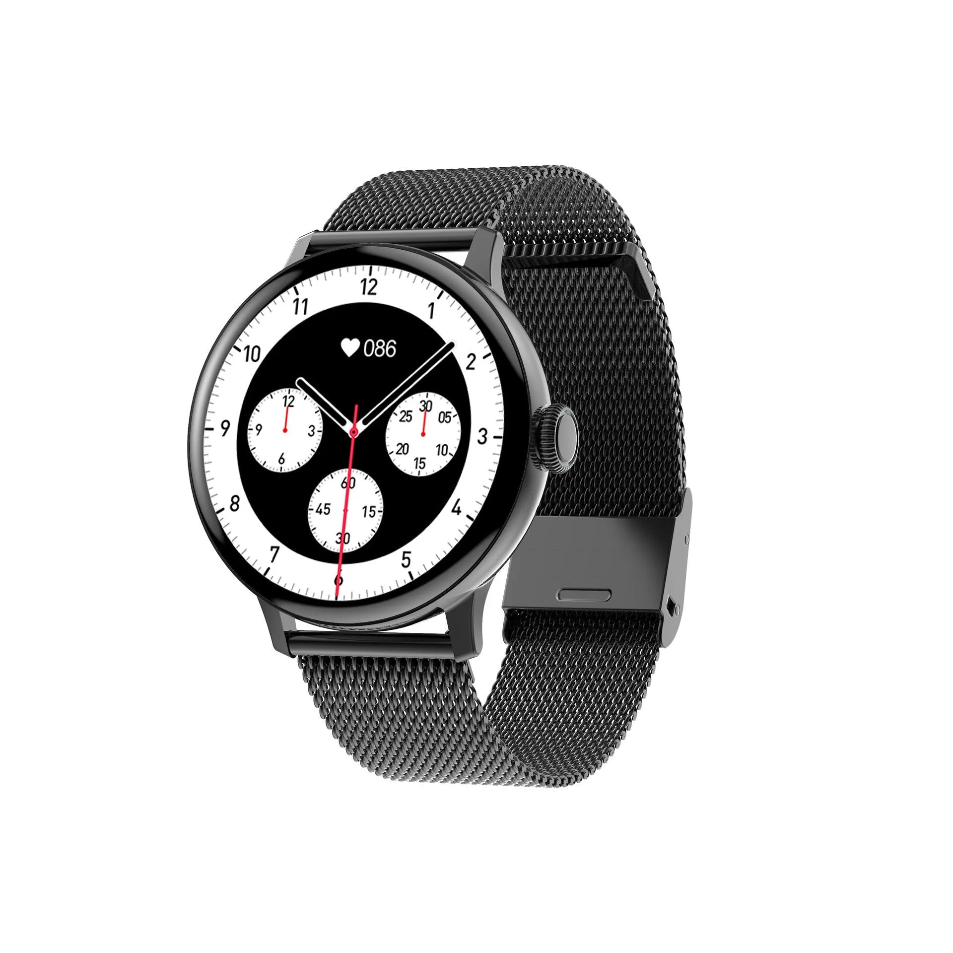 Bluetooth smart bracelet with circular touch screen on a black stainless steel bracelet, showing call and heart rate interface