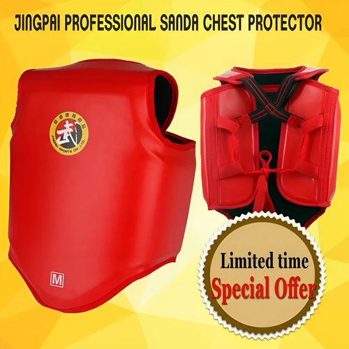 Red boxing helmet and chest protector set for training and competition
