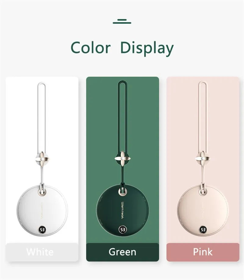 Green hand warmer power bank with digital display showing battery level, next to a USB-C cable.