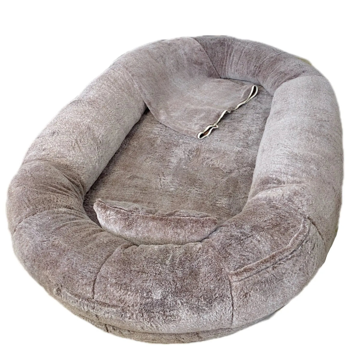 Oversized cloth dog bed with removable washable cover, available in coral pink, gradient grey, and gradient khaki