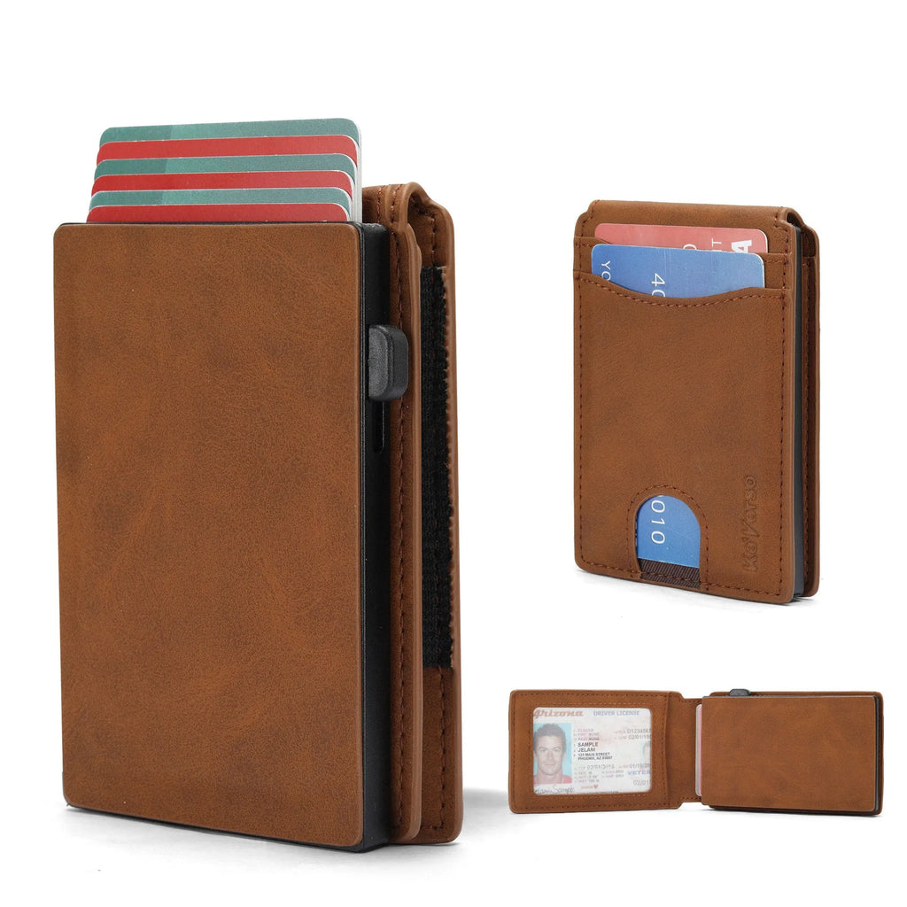 Men's microfiber card holder wallet in black, dark brown, or light brown.