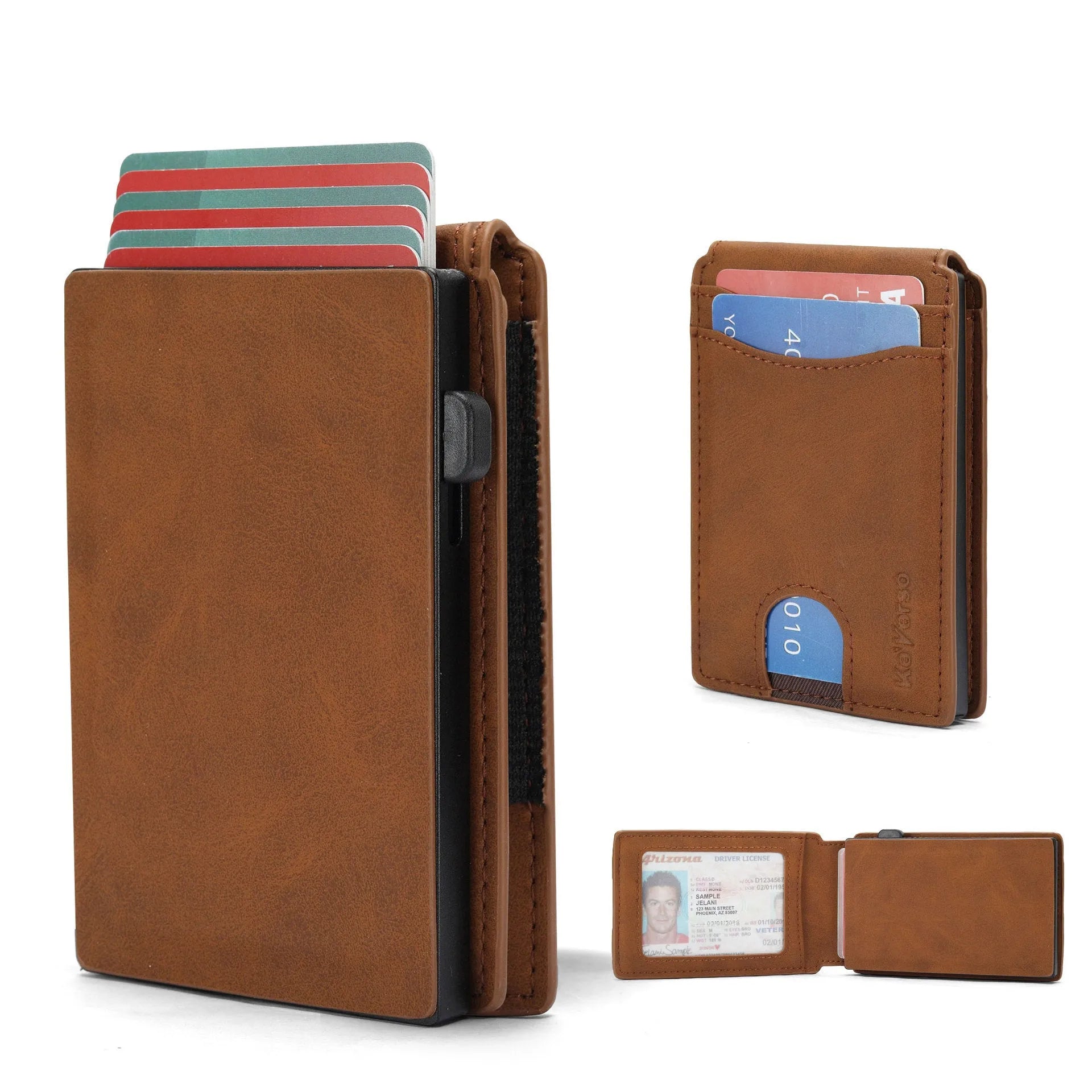 Men's microfiber card holder wallet in black, dark brown, or light brown.