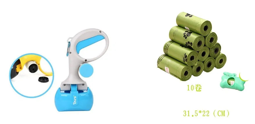 Yellow 2 in 1 portable pet toilet picker made from ABS plastic with curved hand grip and tooth-shaped notches on a white background