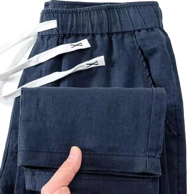 Pure linen Chinese style trousers with elastic waistband in straight leg cut available multiple colours
