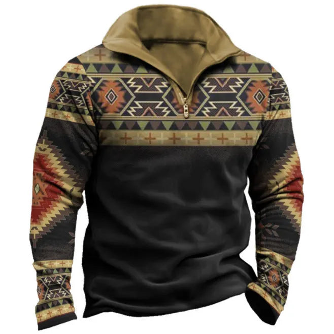 Men's loose fit long sleeve t-shirt with retro colour printing and zipper decorations on textured fabric.