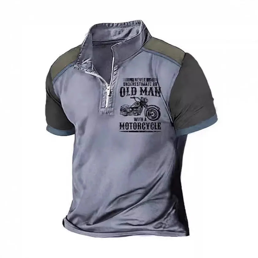 A man's short-sleeve polo shirt with a lapel collar, decorative zipper, and a digital letter print pattern.