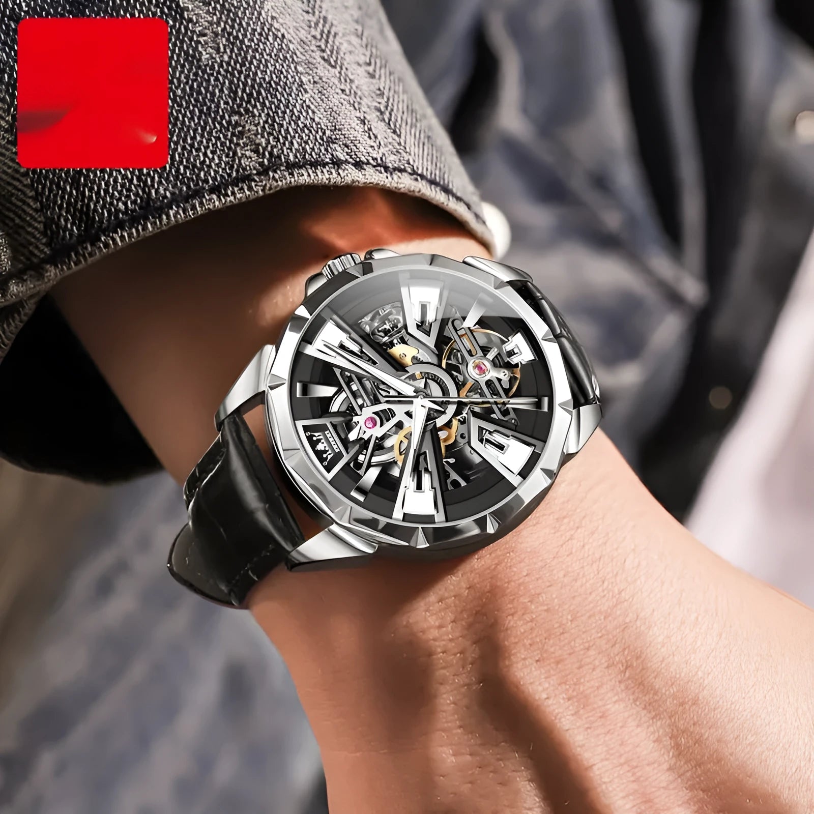 Men's automatic mechanical watch with transparent case back showing movement, 44mm barrel dial