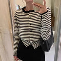 Women's dark grey and white striped cardigan coat with 40cm length and slim French classic style