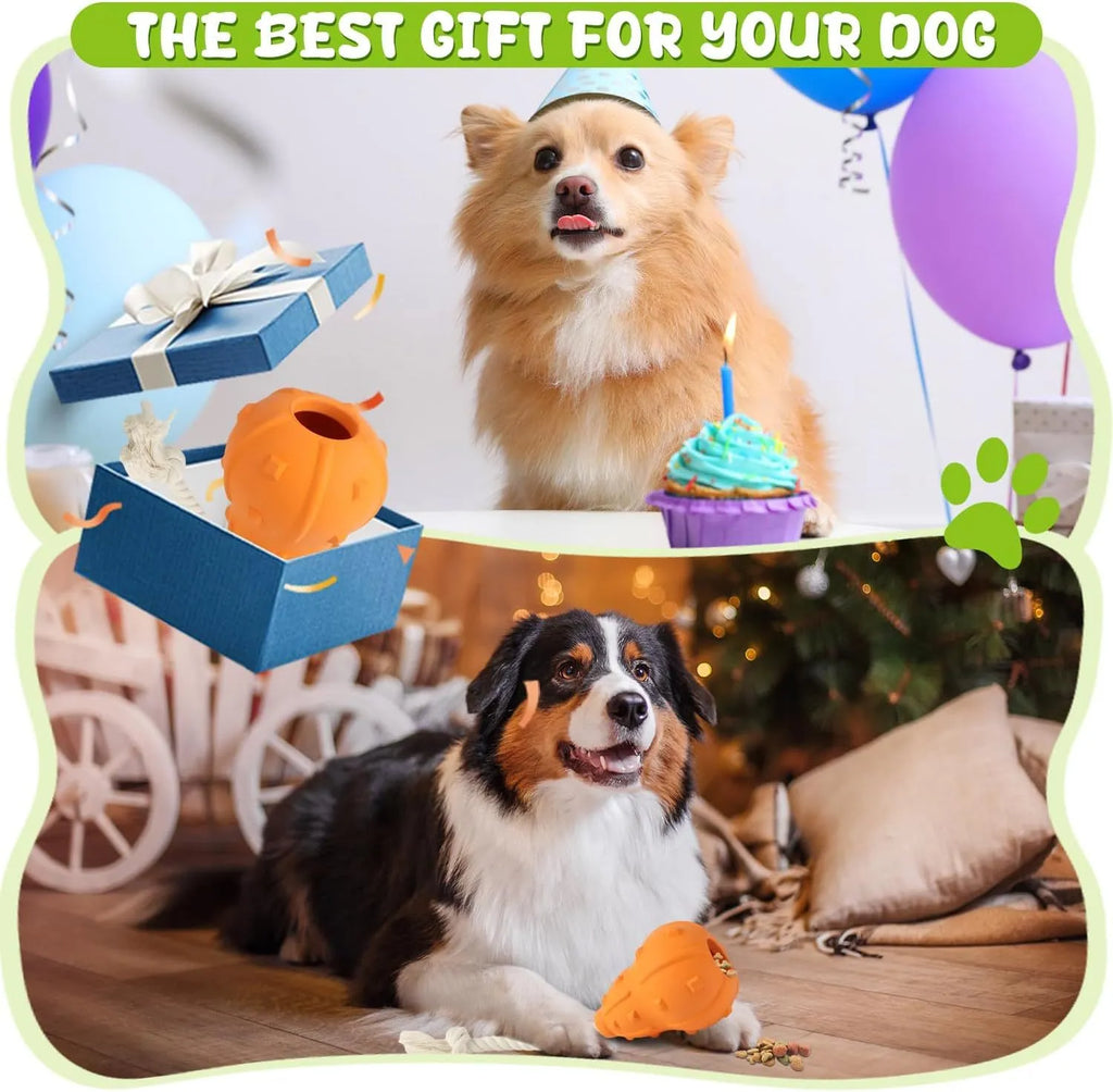 Natural rubber stuffable dog fetch toy with longer strap for small to medium breed dogs.