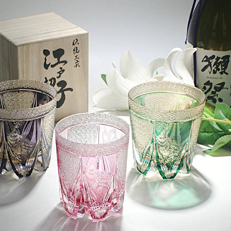 Handblown crystal whisky wine glass in Violet Peacock colour showcasing clear crystal body and coloured finish