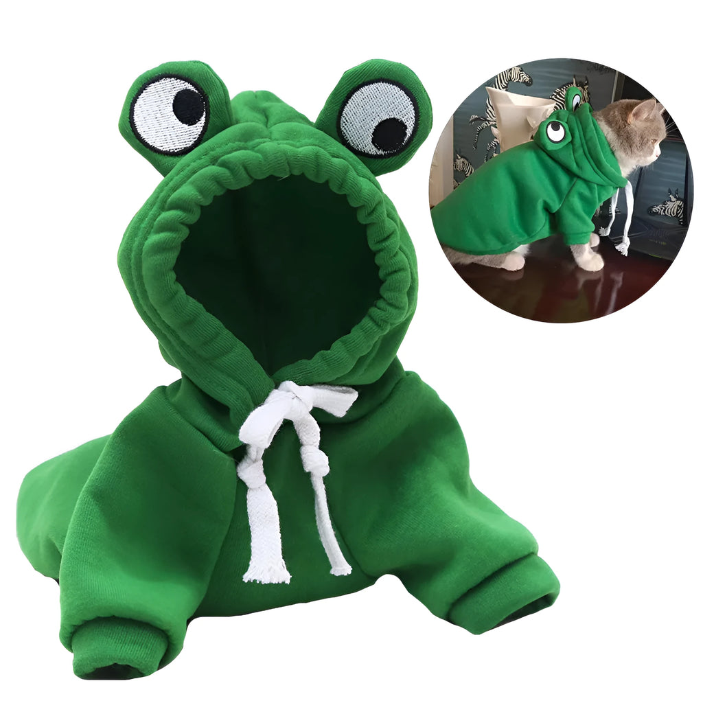 Green frog pattern pet hoodie for small dogs and cats with hood, showing chest girth measurement points