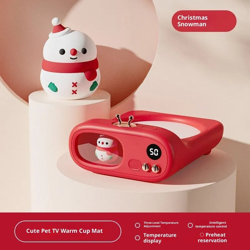 USB heating coaster in Christmas Snowman design with three temperature settings and adjustable timer on a wooden desk