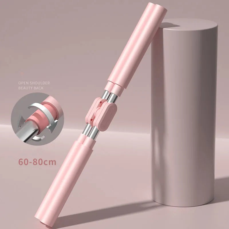 Adjustable yoga body stick in pink with foam grip on white background