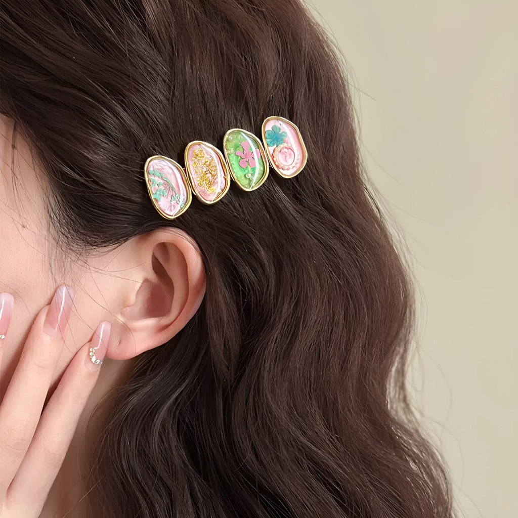 Forest Fairy Korean style side bangs hair clip in pink, plastic and resin construction for women
