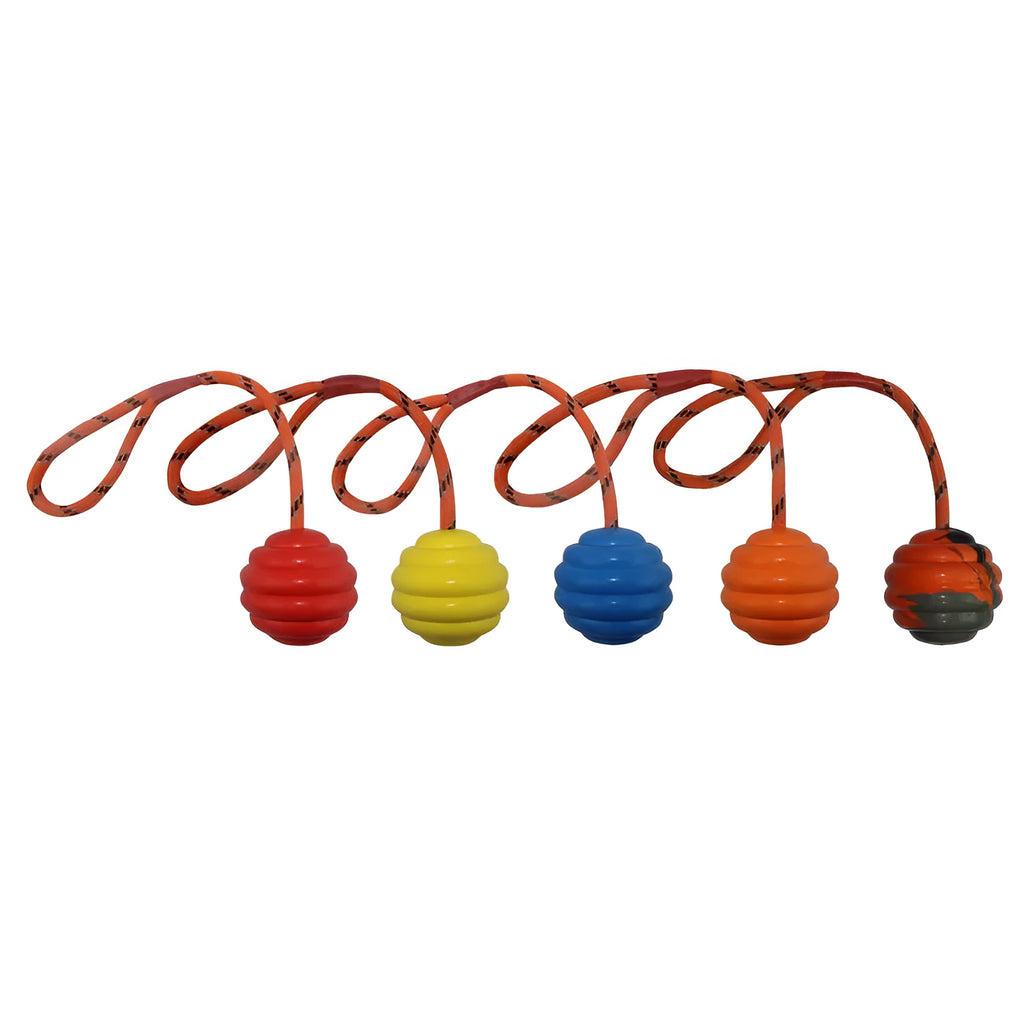 Multi-colour rubber dog chew ball with rope knot design measuring 6x30cm