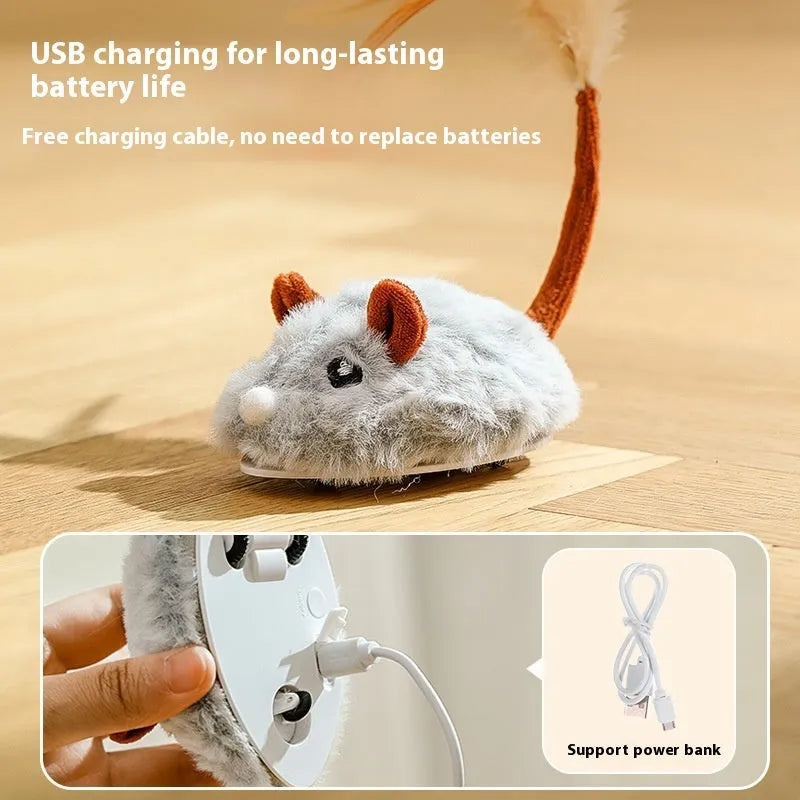 Electric cat pole toy with a moving plush mouse in pink, dark grey, or purple colours.