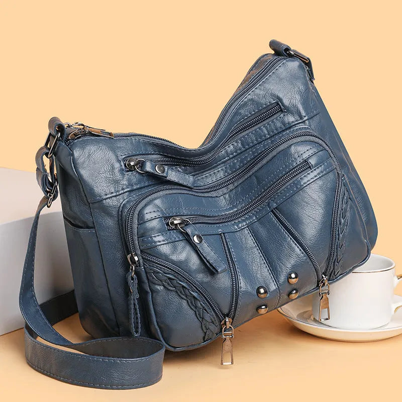 Large capacity women's PU shoulder bag in horizontal square shape with sandwich pocket, available in beige, black, blue, brown and red