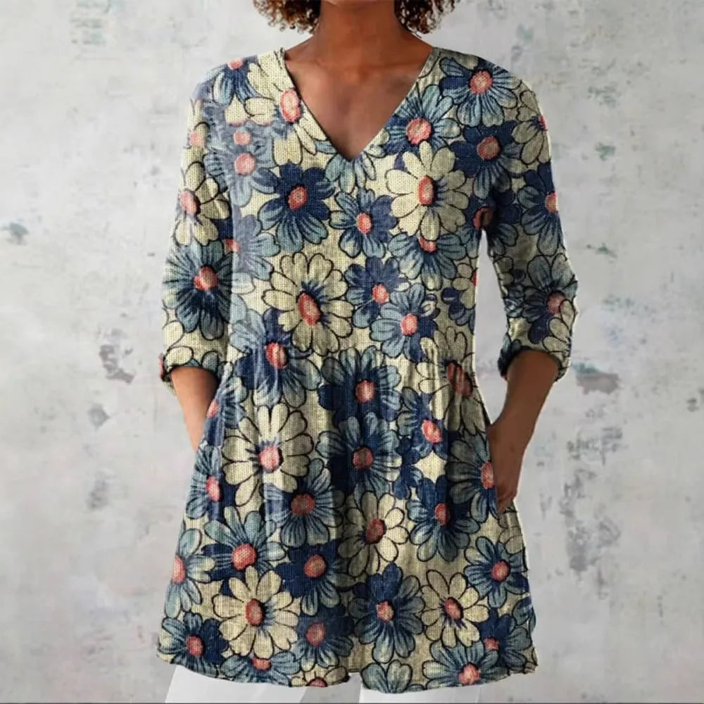 Women's retro-style printed long-sleeved top in a slim fit, shown in a colour option, suitable for smart casual wear.