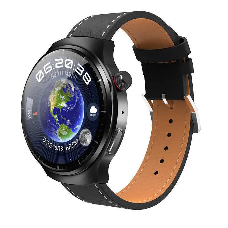 Smart watch showing blood pressure measurement and camera function with Bluetooth connectivity in black
