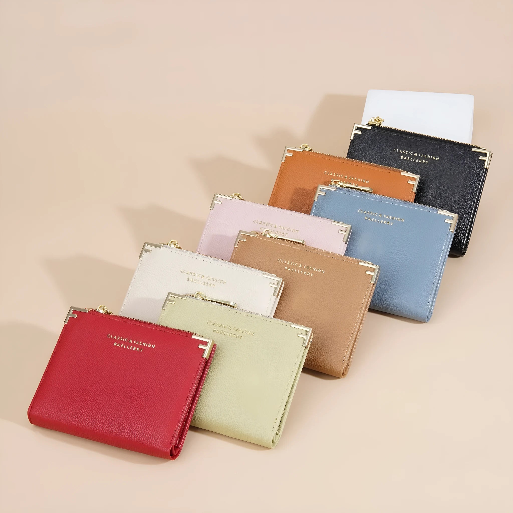 Compact pink PU leather women's wallet with card slots and a zipper coin purse, shown with dimensions 12×10 cm.