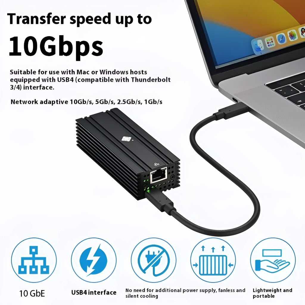 Black Leyu USB4 to RJ45 10 Gigabit Ethernet network adapter with attached USB-C cable.