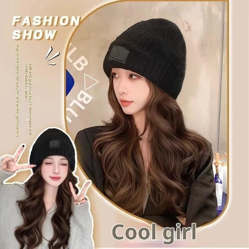 Hat wig for women with big wave full-head curls in protein filament natural style