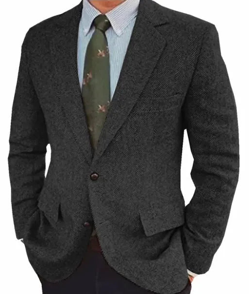 Men's brown herringbone pattern business casual jacket with flax lining and long sleeves