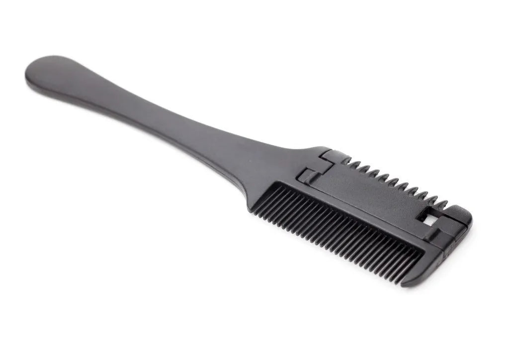 Pet razor comb grooming tool with comb teeth and integrated blade, includes replacement blades.