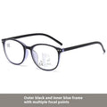Women's ultra-light presbyopic reading glasses with multi-focus lenses in a black and blue frame.