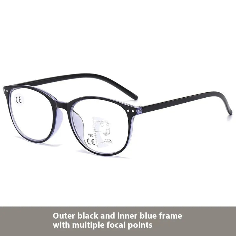 Women's ultra-light presbyopic reading glasses with multi-focus lenses in a black and blue frame.