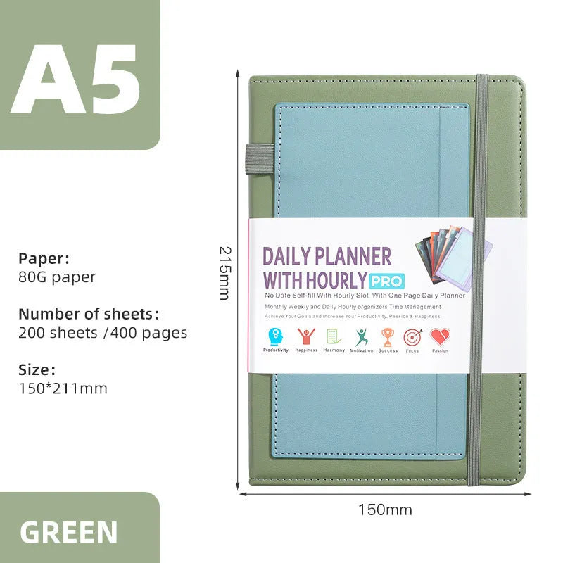 A5 no-date notebook with soft PU cover shown in purple, green, grey, black, pink, and orange, with planning stickers