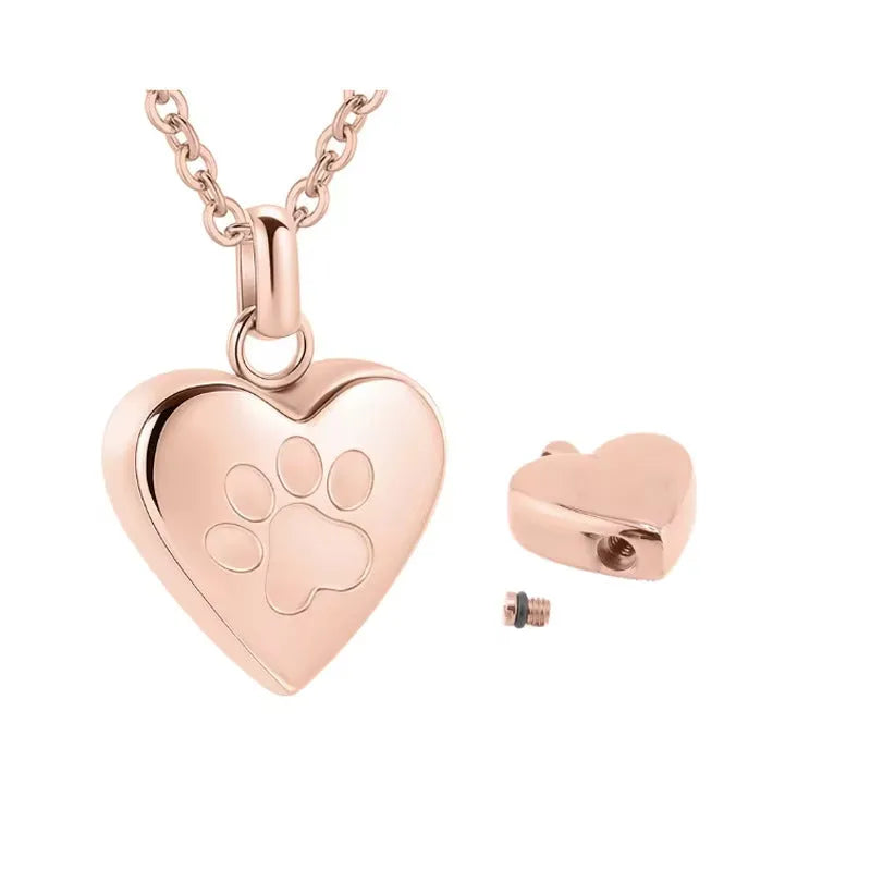 Titanium steel heart-shaped casket necklace with a love paw print, shown on a chain.