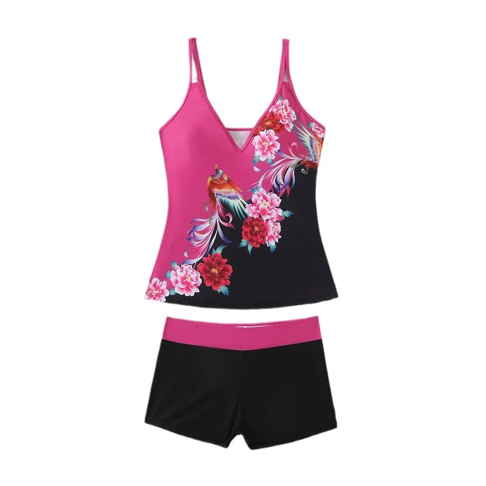 Plus size women's printed two-piece swimsuit in black or rose red with briefs style.