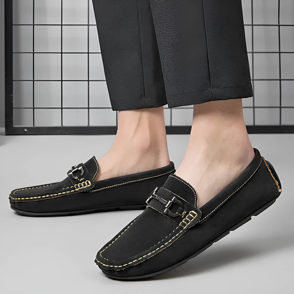 Men's casual slip-on Doug shoes in black, brown, or beige with two-layer cowhide upper, leather lining, and rubber sole.