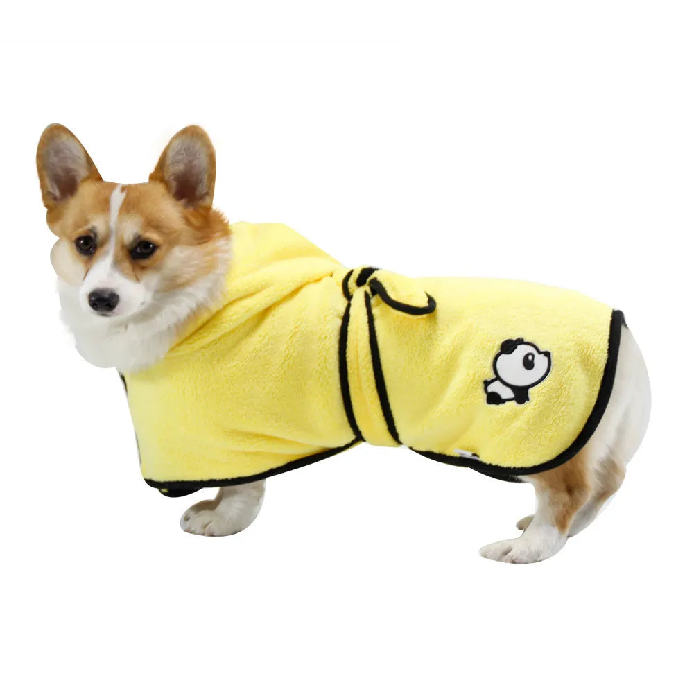 Coral fleece pet bathrobe in yellow, waist-wrapped green, cloak green, and cloak grey, sizes XS to XL.