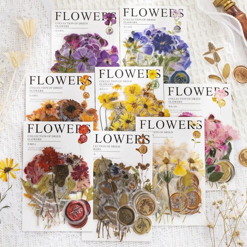 Creative dried flowers journal decoration sticker package showing eight modern art design styles