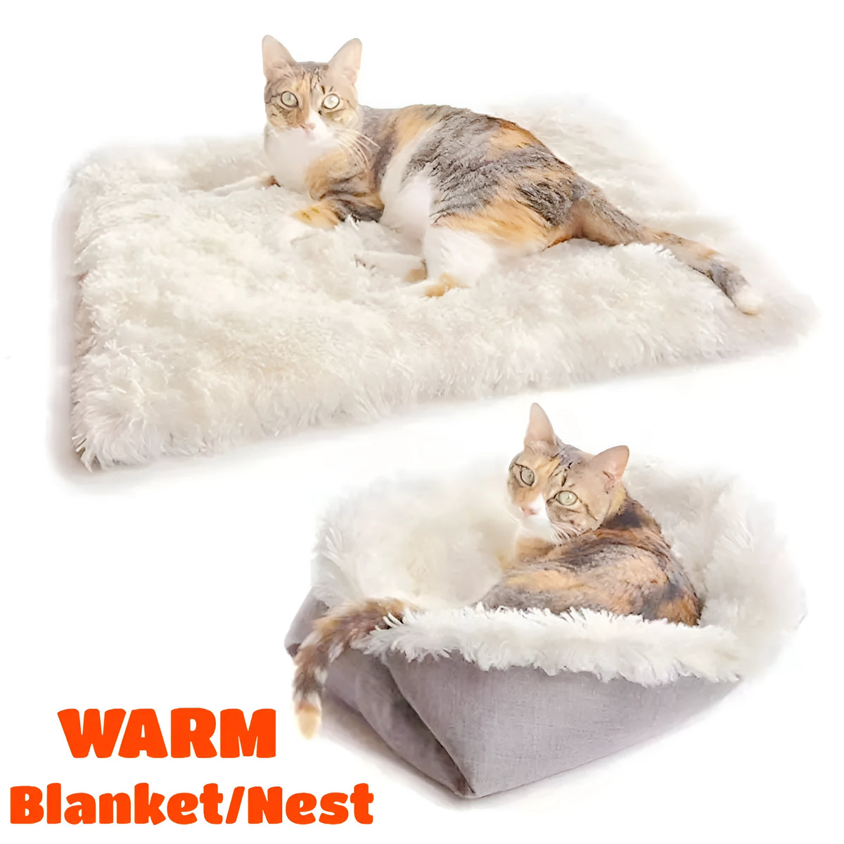 Grey and white pet blanket nest with long plush surface and black non-slip bottom