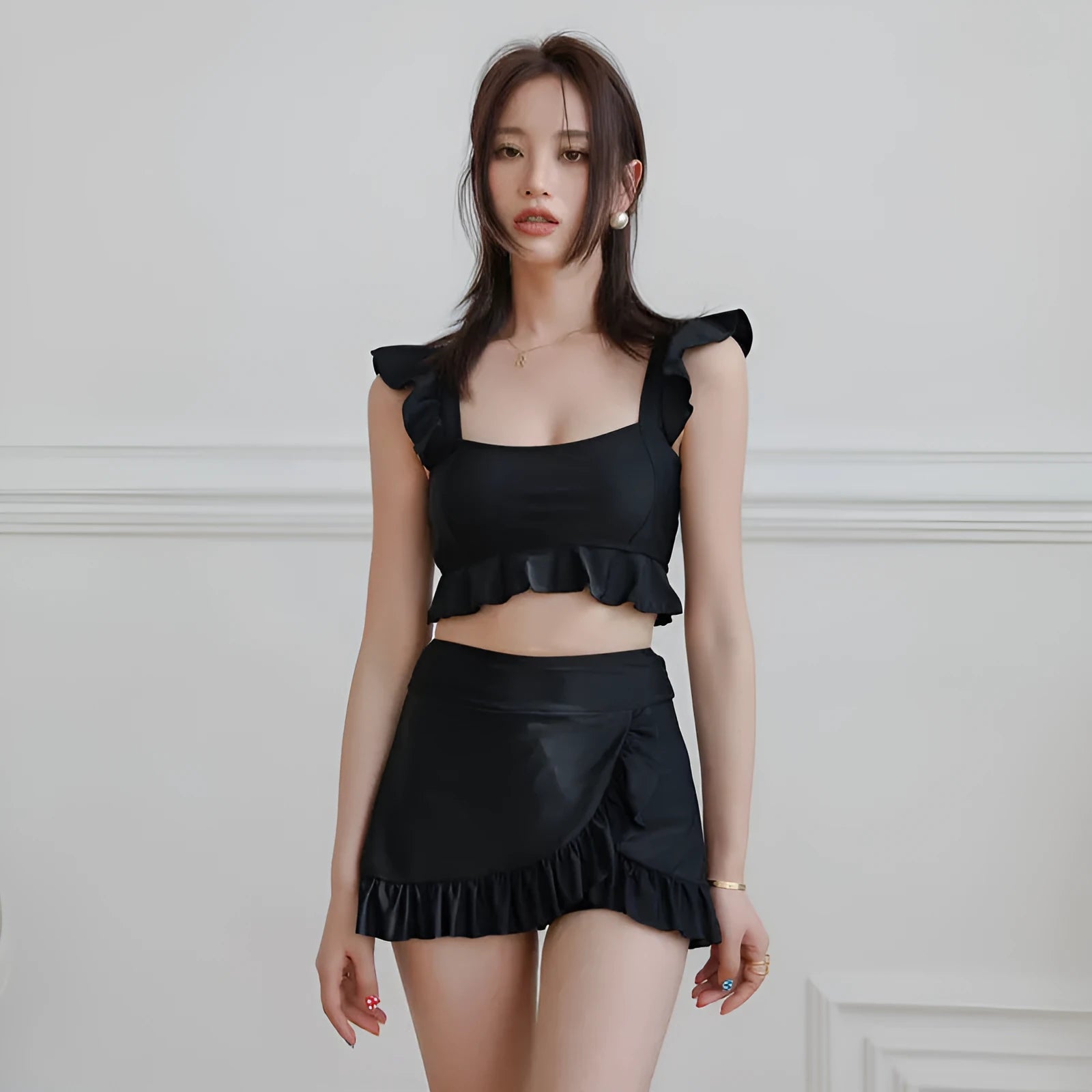 Black nylon women's split swimsuit bikini in briefs style
