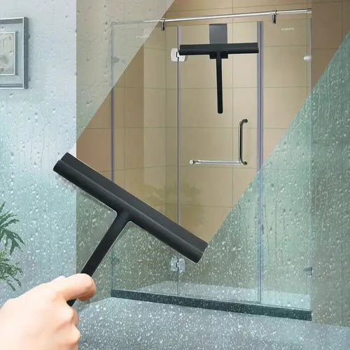 Small silicone water scraper with hook in black for cleaning bathroom tiles and glass