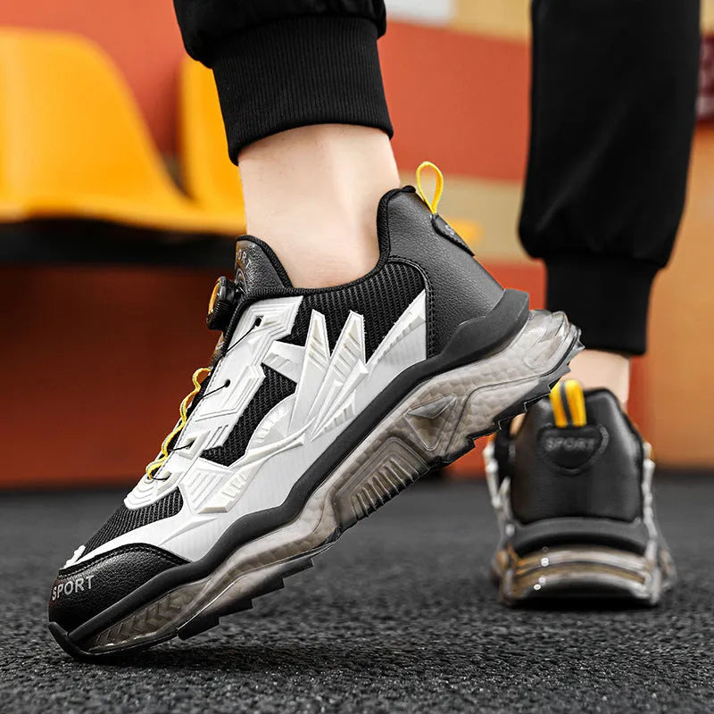 Men's black rotating button casual shoes with mesh upper and platform soles for height increase