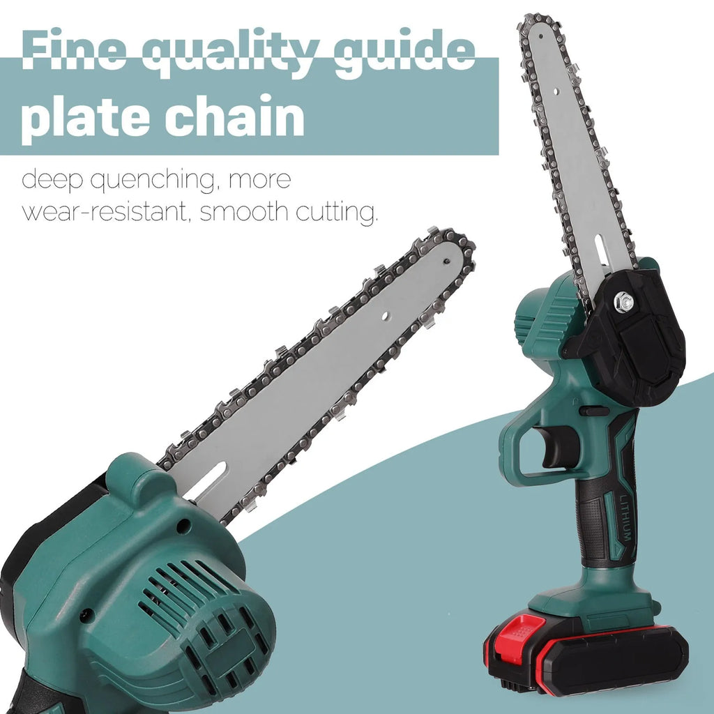Black mini electric chainsaw with a 4 inch guide bar held in one hand.