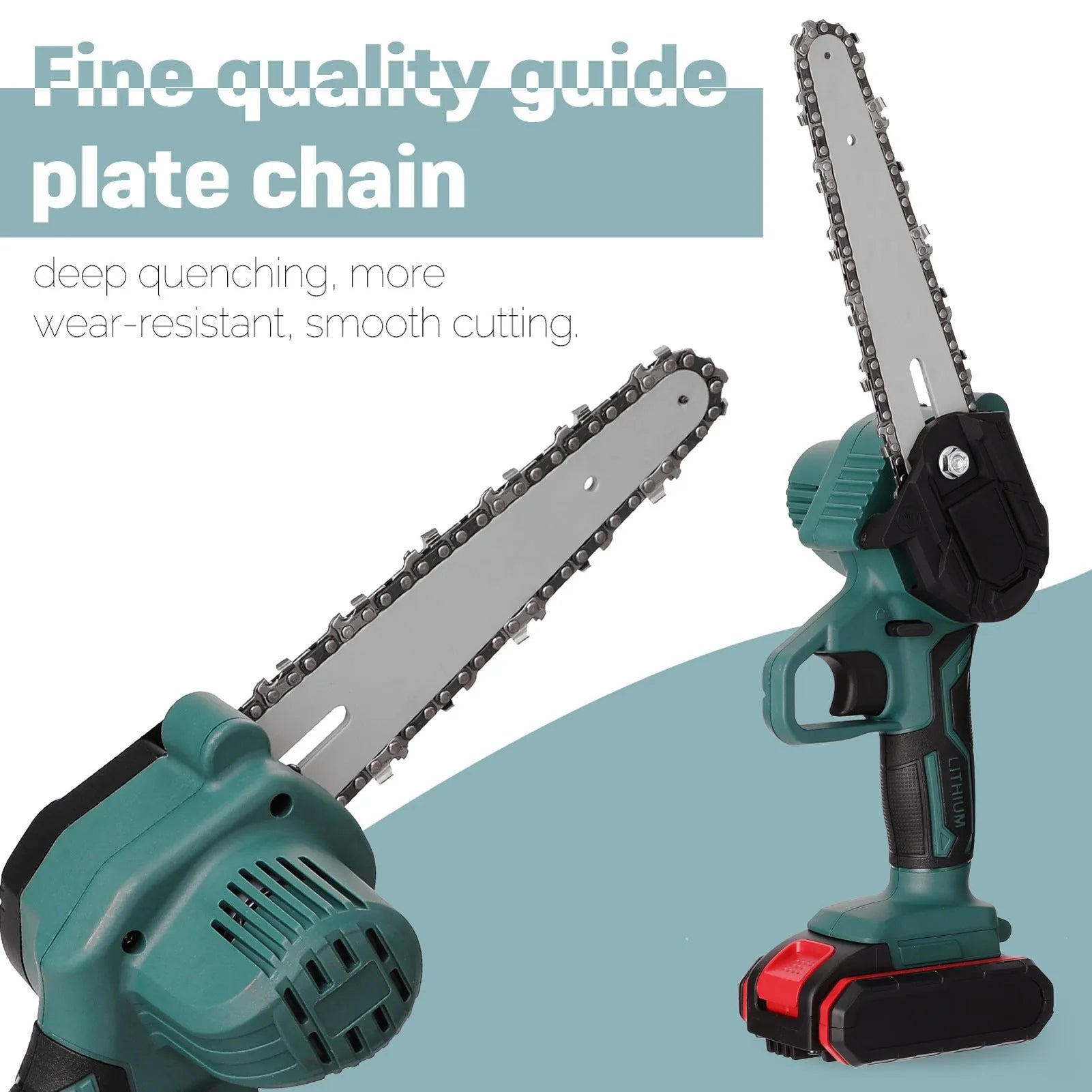 Black mini electric chainsaw with a 4 inch guide bar held in one hand.