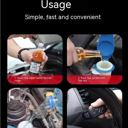 150ml spray bottle of car glass oil film remover cleaner in yellow and blue packaging options.
